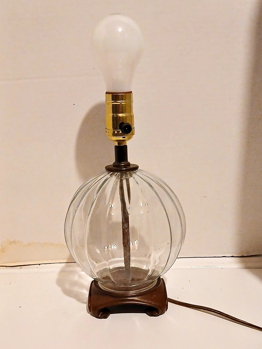 Vintage Glass Table Lamp Clear & Brown Hollywood Regency Jar